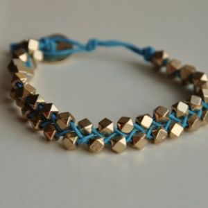 Turquoise Blue Bracelet w/ Geometric Gold Beads